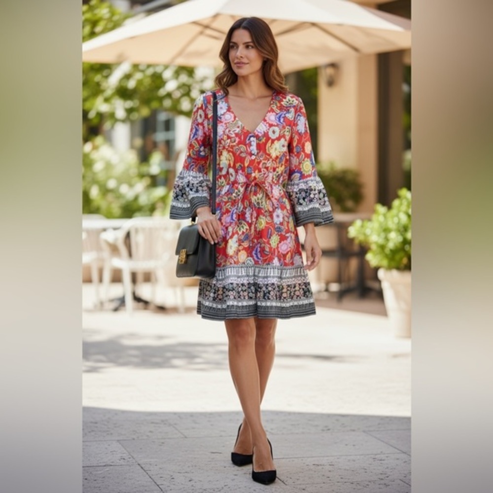 Mazik Boho Floral Bell Sleeve Dress Red Multicolor Print Size M